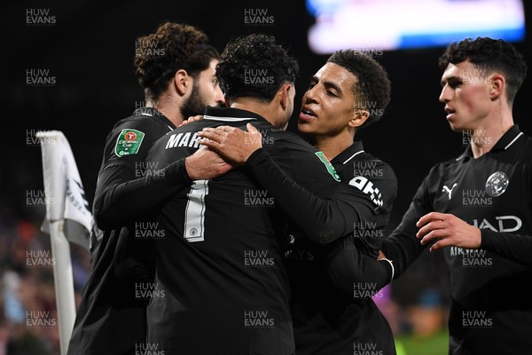 291025 - Swansea City v Manchester City - Carabao Cup Round 4 - Omar Marmoush of Manchester City celebrates scoring a goal with team mates
