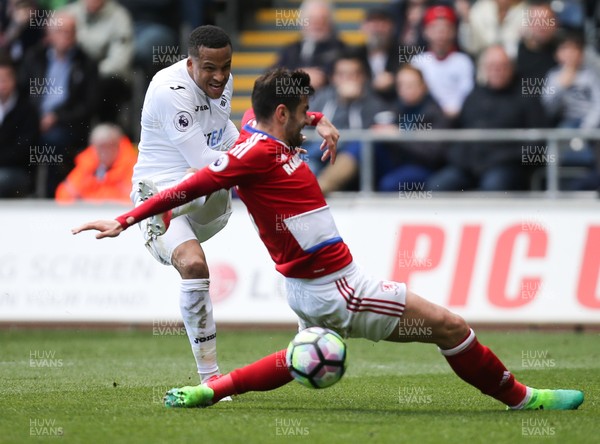 020417 - Swansea City v Middlesbrough, Premier League - Martin Olsson of Swansea City sees his shot at goal blocked