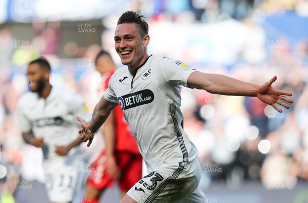 060419 - Swansea City v Middlesbrough, Premier League - Connor Roberts of Swansea City celebrates after scoring Swansea's third goal