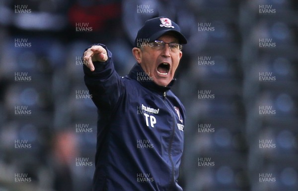 060419 - Swansea City v Middlesbrough, Premier League - Middlesbrough manager Tony Pulis reacts at the fourth official during the match
