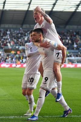 060426 - Swansea City v Middlesbrough - Sky Bet Championship - Zan Vipotnik of Swansea City celebrates scoring a goal with Melker Widell to equalise the game
