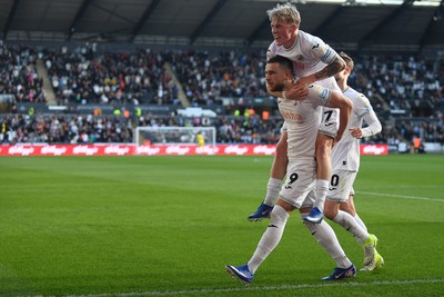 060426 - Swansea City v Middlesbrough - Sky Bet Championship - Zan Vipotnik of Swansea City celebrates scoring a goal with Melker Widell to equalise the game