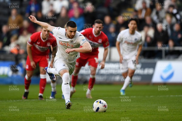 060426 - Swansea City v Middlesbrough - Sky Bet Championship - Zan Vipotnik of Swansea City scores from the penalty spot