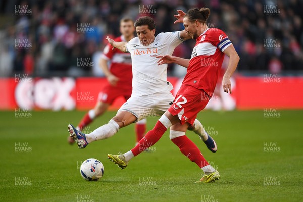 060426 - Swansea City v Middlesbrough - Sky Bet Championship - Goncalo Franco of Swansea City is challenged by Luke Ayling of Middlesbrough