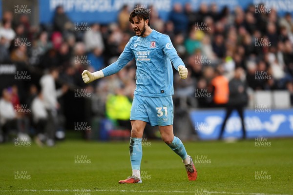 060426 - Swansea City v Middlesbrough - Sky Bet Championship - Sol Brynn of Middlesbrough celebrates after Tommy Conway scores from the penalty spot to equalise the game