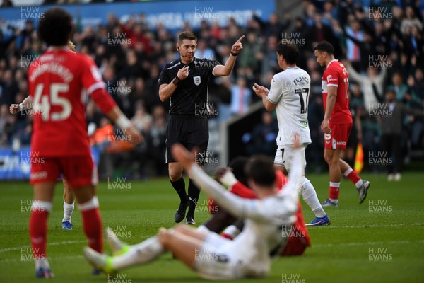 060426 - Swansea City v Middlesbrough - Sky Bet Championship - Liam Cullen of Swansea City is taken out by Alex Bangura of Middlesbrough to earn his side a penalty