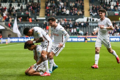 080325 - Swansea City v Middlesbrough - Sky Bet Championship - Ji-Sung Eom of Swansea City celebrates with team mates after scoring a goal