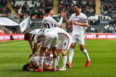 080325 - Swansea City v Middlesbrough - Sky Bet Championship - Ji-Sung Eom of Swansea City celebrates with team mates after scoring a goal