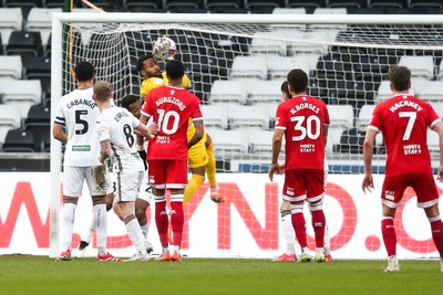 080325 - Swansea City v Middlesbrough - Sky Bet Championship - Lawrence Ian Vigouroux of Swansea City catches the ball from a corner