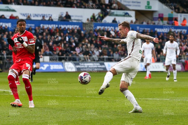 080325 - Swansea City v Middlesbrough - Sky Bet Championship - Josh Tymon of Swansea City shoots at goal