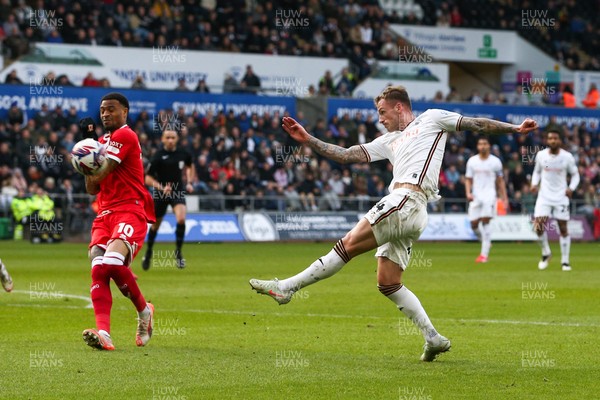 080325 - Swansea City v Middlesbrough - Sky Bet Championship - Josh Tymon of Swansea City shoots at goal