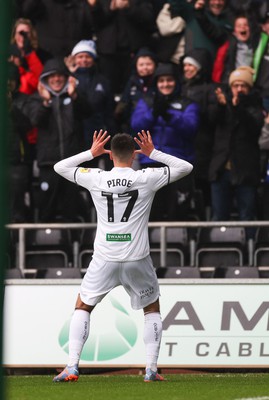 110323 - Swansea City v Middlesbrough, EFL Sky Bet Championship - Joel Piroe of Swansea City celebrates in front of the fans after scoring goal