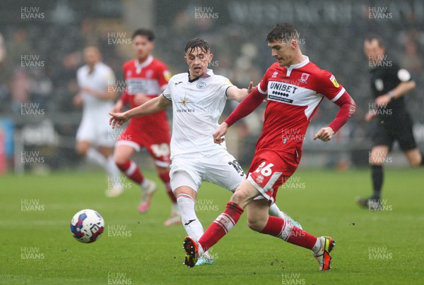 110323 - Swansea City v Middlesbrough, EFL Sky Bet Championship - Darragh Lenihan of Middlesbrough is challenged by Luke Cundle of Swansea City