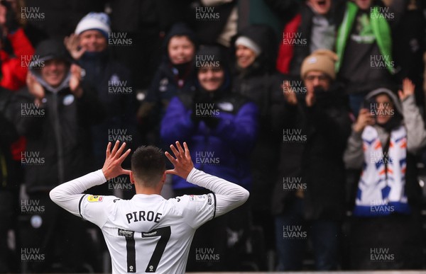 110323 - Swansea City v Middlesbrough, EFL Sky Bet Championship - Joel Piroe of Swansea City celebrates in front of the fans after scoring goal