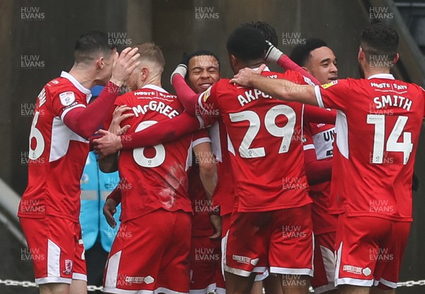 110323 - Swansea City v Middlesbrough, EFL Sky Bet Championship - Cameron Archer of Middlesbrough, centre, celebrates with team mates after scoring the second goal