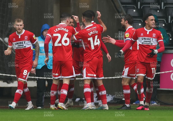 110323 - Swansea City v Middlesbrough, EFL Sky Bet Championship - Cameron Archer of Middlesbrough celebrates with team mates after scoring the second goal