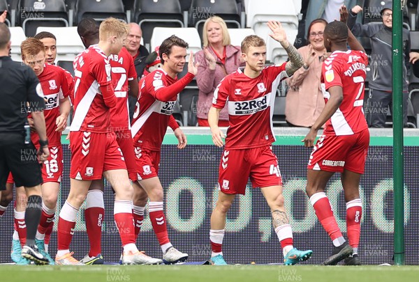 230422 - Swansea City v Middlesbrough - SkyBet Championship - Riley McGree of Middlesbrough celebrates scoring a goal with team mates