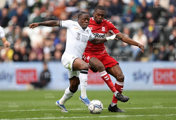 230422 - Swansea City v Middlesbrough - SkyBet Championship - Michael Obafemi of Swansea City lines the ball up to score a goal