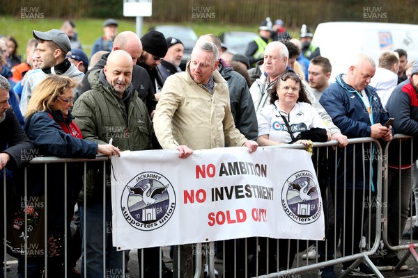 090219 - Swansea City v Millwall - SkyBet Championship - Picture shows Swansea City supporters protesting the current ownership of the club outside the ground before kick off