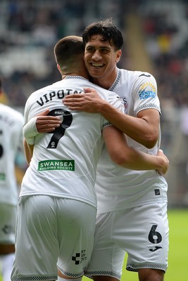 270925 - Swansea City v Millwall - Sky Bet Championship - Marko Stamenic of Swansea City celebrates with Zan Vipotnik after he scores the first goal of the game