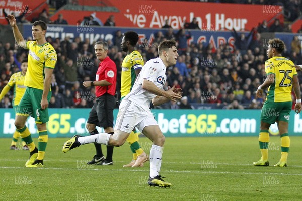 241118 - Swansea City v Norwich City, EFL Championship - Daniel James of Swansea City (centre) celebrates scoring his side's first goal