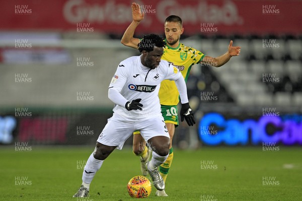 241118 - Swansea City v Norwich City, EFL Championship - Wilfried Bony of Swansea City (left) in action with  Moritz Leitner of Norwich City