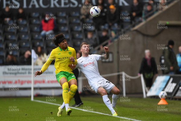 251025 - Swansea City v Norwich City - Sky Bet Championship - Josh Tymon of Swansea City is challenged by Jovon Makama of Norwich