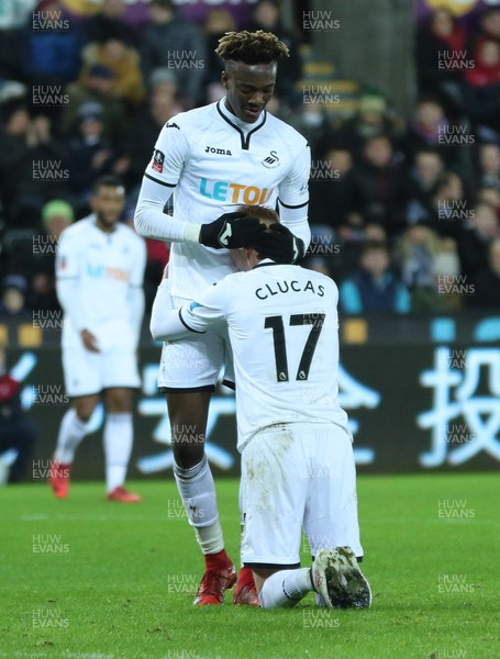060218 - Swansea City v Notts County, FA Cup Round 4 Replay - Sam Clucas of Swansea City is consoled by Tammy Abraham of Swansea City after he misses a chance to score