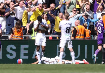 030525 - Swansea City v Oxford United - SkyBet Championship - Dejected Hannes Delcroix and Lewis O'Brien of Swansea City after Oxford score a goal to make it 3-3