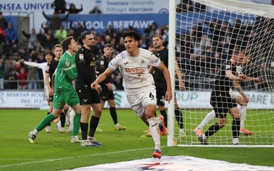 061225 - Swansea City v Oxford United, EFL Sky Bet Championship - Marko Stamenic of Swansea City celebrates after he heads to score the opening goal