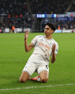 061225 - Swansea City v Oxford United, EFL Sky Bet Championship - Marko Stamenic of Swansea City celebrates after he heads to score the opening goal