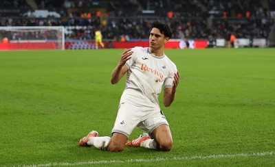 061225 - Swansea City v Oxford United, EFL Sky Bet Championship - Marko Stamenic of Swansea City celebrates after he heads to score the opening goal