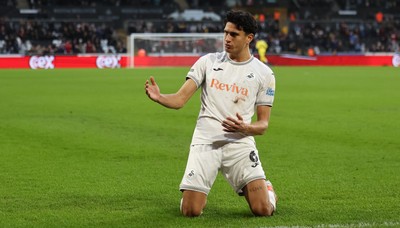 061225 - Swansea City v Oxford United, EFL Sky Bet Championship - Marko Stamenic of Swansea City celebrates after he heads to score the opening goal