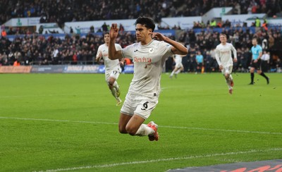 061225 - Swansea City v Oxford United, EFL Sky Bet Championship - Marko Stamenic of Swansea City celebrates after he heads to score the opening goal