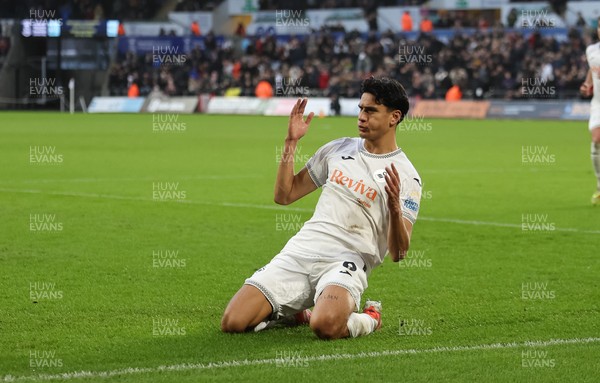061225 - Swansea City v Oxford United, EFL Sky Bet Championship - Marko Stamenic of Swansea City celebrates after he heads to score the opening goal