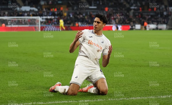 061225 - Swansea City v Oxford United, EFL Sky Bet Championship - Marko Stamenic of Swansea City celebrates after he heads to score the opening goal