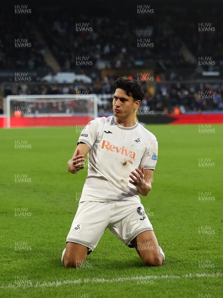 061225 - Swansea City v Oxford United, EFL Sky Bet Championship - Marko Stamenic of Swansea City celebrates after he heads to score the opening goal