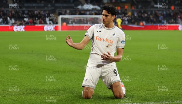061225 - Swansea City v Oxford United, EFL Sky Bet Championship - Marko Stamenic of Swansea City celebrates after he heads to score the opening goal