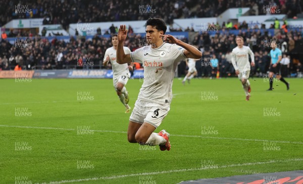 061225 - Swansea City v Oxford United, EFL Sky Bet Championship - Marko Stamenic of Swansea City celebrates after he heads to score the opening goal