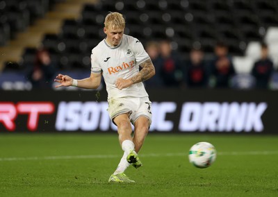 260825 - Swansea City v Plymouth Argyle - Carabao Cup - Melker Widell of Swansea City scores the winning penalty