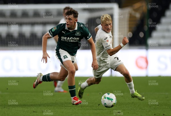 260825 - Swansea City v Plymouth Argyle - Carabao Cup - Tegan Finn of Plymouth Argyle is challenged by Melker Widell of Swansea City 