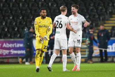 091225 - Swansea City v Portsmouth - Sky Bet Championship - Kaelan Casey and Cameron Burgess of Swansea City celebrates after the final whistle