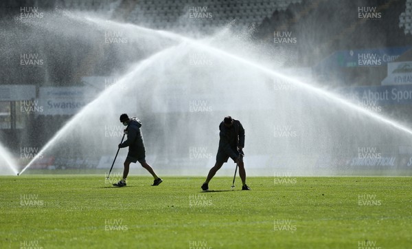 050421 Swansea City v Preston North End, Sky Bet Championship - Ground staff at the Liberty Stadium prepare the pitch as the sprinkler system activates ahead of the match