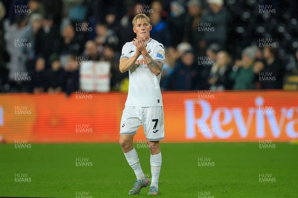 221025 - Swansea City v Queens Park Rangers - Sky Bet Championship - Melker Widell of Swansea City applauds fans after the game