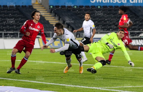 301220 - Swansea City v Reading, Sky Bet Championship - Connor Roberts of Swansea City is denied by Reading goalkeeper Rafael Cabral as he looks to head at goal