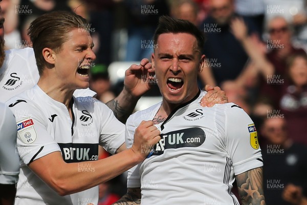 190419 - Swansea City v Rotherham United, Sky Bet Championship - Barrie McKay of Swansea City celebrates after he heads to score Swansea's second goal