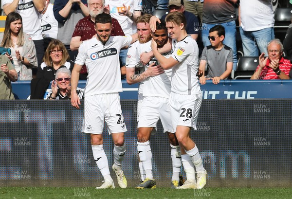 190419 - Swansea City v Rotherham United, Sky Bet Championship - George Byers of Swansea City, right, celebrates with Kyle Naughton of Swansea City after Swansea's third goal