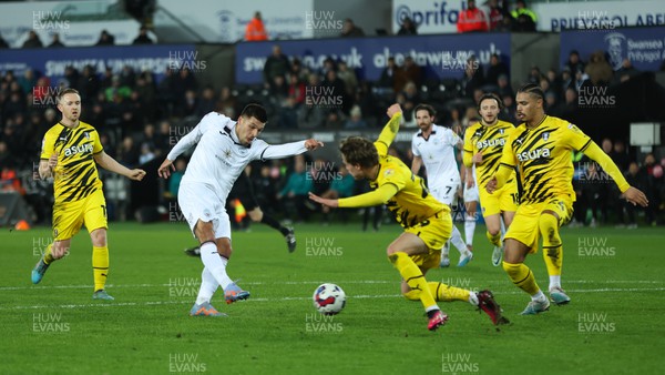 270223 - Swansea City v Rotherham United, EFL Sky Bet Championship - Joel Piroe of Swansea City shoots to score the opening goal