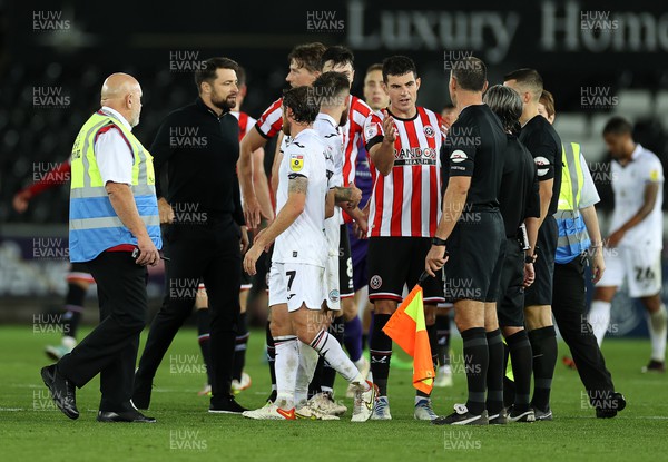 130922 - Swansea City v Sheffield United - SkyBet Championship - Swansea City Manager Russell Martin speaks to referee Darren Bond at full time