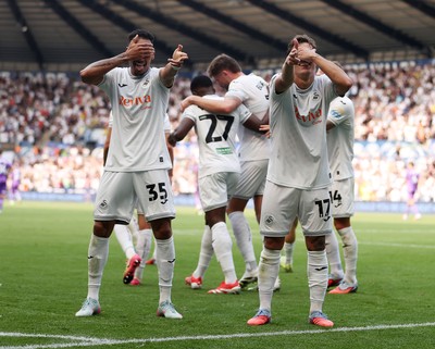 160825 - Swansea City v Sheffield United - SkyBet Championship - Ronald of Swansea City celebrates scoring a goal with Goncalo Franco